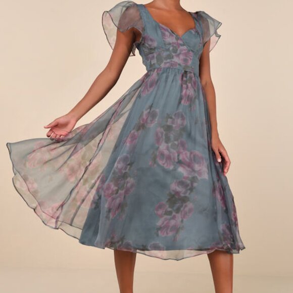Lulus Mesmerizing Mood Slate Floral Organza Ruffled A-line Midi Dress Grey - Picture 1 of 1